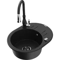 Mexen Kevin 1 Becken-Granitspüle mit Abtropffläche und Mischbatterie Savita, Schwarz - 6517-77-672601-70-B