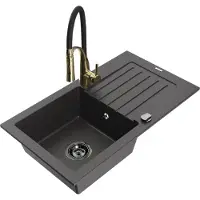 Mexen Pablo 1 Becken-Granitspüle mit Abtropffläche und Mischbatterie Aster, Schwarz gesprenkelt - 6510-76-73450-57-B