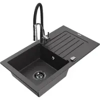 Mexen Pablo 1 Becken-Granitspüle mit Abtropffläche und Mischbatterie Aster, Schwarz gesprenkelt - 6510-76-73450-07-B