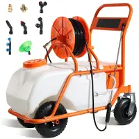 OEM Gartenschlauch mit Rädern, einstellbarer Druck 0-90 PSI, 60-Liter-Tank, 8 Sprinklerköpfe, 2 Spritzrohren, breit geöffneter Deckel für Gartenpflege, Unkrautjäten und Gießen