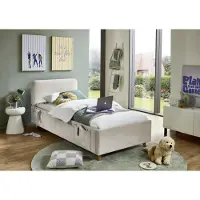 Meise Jugendbett Cosy 90x200 cm | Bettgestell | USB | 4 Betttaschen | Strukturstoff Beige | Holzfuß eichefarbig