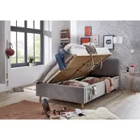 Meise Stauraumbett Cosy 140x200 cm | Doppelbett | Bettkasten & Lattenrost (Federholzrahmen) | USB | Strukturstoff Grau | Holzfuß eichefarbig