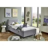 Meise Jugendbett Cosy 90x200 cm | Bettgestell | USB | 4 Betttaschen | Strukturstoff Grau | Holzfuß schwarz