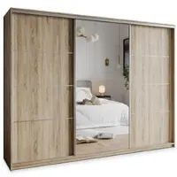 Masseno Schiebetürenschrank VARO 270/205/60 cm Kleiderschrank mit Schubladen Schlafzimmer Schrank 3-türig mit Spiegel Sonoma Eiche + Satin