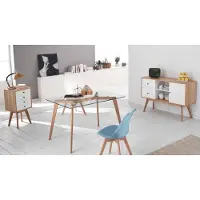 STONES Carlotta-Stuhl mit gepolstertem Sitz in blauem Kunstleder und Beinen aus Buchenholz – Modernes Design für Wohnbereiche und Büros