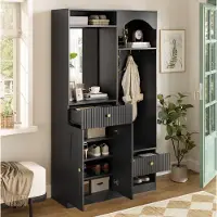 OKWISH Multifunktionaler Garderobensets mit Spiegel und Haken, Flurschrank mit Schuhschrank und Sitzbank,Flurgarderobe in Schwarz