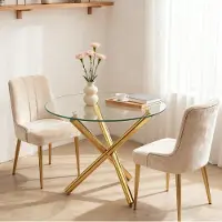OKWISH Esstisch Rund Couchtisch Gehärtete Glasplatte Kreuzfußgestell Für 2 Bis 4 Personen Metallbeine In Gold