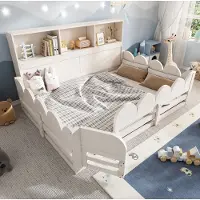 OKWISH Kinderbett 140×190 mit Ablagefach und Rausfallschutz, Doppelbett mit kleinem Holztürchen, Holzbett in Weiß,ohne Matratze