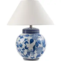 Beliani Tischlampe Weiß und Blau Porzellansockel Leinenglockenschirm mit Blumenmuster Beleuchtung Stilvoll