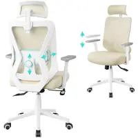 Yaheetech Ergonomischer Bürostuhl Schreibtischstuhl, mit verstellbarer Kopfstütze & Lendenwirbelstütze, höhenverstellbarer Drehstuhl aus Mesh, Beige