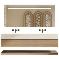 360Home Wandhängendes Doppelwaschbecken Set Travertin Optik 140 CM Mit Spiegel Unterschrank Ohne Armaturloch RW4822140BKK