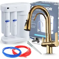ARI Wasserfilter Set Morion mit 3-Wege Küchenarmatur Nordic Gold, Umkehrosmose, herausziehbare Brause, 360° schwenkbar