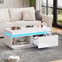 OKWISH Hochglanz-Couchtisch mit LED-Beleuchtung, 100x50x40,3 cm – Eleganter Tisch mit Schublade und 50 kg Tragkraft Weiß
