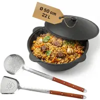 4BIG.fun Kazan Gusseisen 22 L Schaumkelle Pfannenwender Kasan Uzbekisch Aluminiumdeckel Cast Iron Kessel Asia WOK Topf Grillwok Gusstopf Wokpfanne
