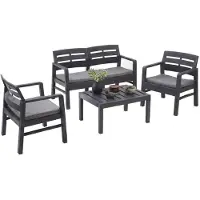 Dmora Outdoor-Lounge-Set Dgyas, Gartengarnitur mit 2 Sesseln, 1 Sofa und 1 Couchtisch, Innen- und Außensitzgruppe mit Kissen, 100 % Italy, Anthrazit