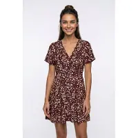 Vero Moda Minikleid "VMKORA S/S SHORT DRESS WVN BTQ", Damen, Gr. XS, N-Gr, Kurzarm, Web, braun (andorra aop:kora), Web, Obermaterial: 100% Viskose, bedruckt, kurz, Kleider Minikleid, Viskose