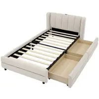 STILVORA Einzelbett 90x200 cm mit seitlichen Aufbewahrungsfächern, Polsterbett mit USB-Ladeport, Jugendbett mit ergonomischem Design in Beige,ohne Matratze