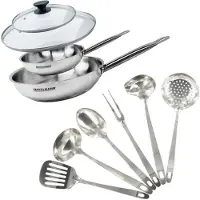 Fackelmann Set bestehend aus 2 Pfannen (20 und 28 cm Durchmesser) aus Edelstahl, 2 Glasdeckeln und 6 Edelstahl-Küchenhelfern von Eterna