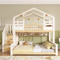 STILVORA Etagenbett 90x200/140x200 Kinder Hausbett, Hochbett mit Treppenschrank und Stauraumregalen, Familienbett in Weiß und Naturholz-Optik