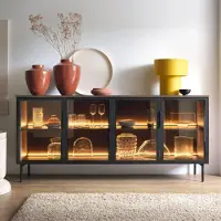 Ravio Sideboard Kommode LUMI 181 cm Eiche Dunin 4 Glastüren braunes Antisol-Glas LED Loft Modern