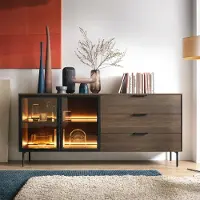 Ravio Kommode Sideboard LUMI 181 cm Eiche Dunin 2 Türen links 3 Schubladen rechts braunes Antisol-Glas LED Loft