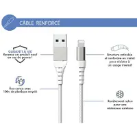 FORCE CASE , Verstärktes Kabel USB A / Lightning 2.4A mit 12.000 Biegungen MFi 1.2m, Weiß