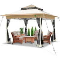 VOUNOT Pavillon 3,6x3,6m, Pop Up Partyzelt mit Mesh Sides & Doppeldach Faltpavillon Beige