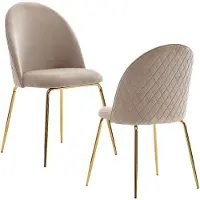 FineBuy Design Esszimmerstühle Beige Samt 2er Set mit Steppung, Moderner Küchenstuhl, Essstuhl goldene Beine, Bequeme Küchenstühle gepolstert