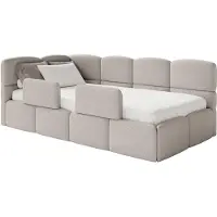 Selsey Cloudy – Jugendbett 90x200 cm, linksseitig, mit Bouclé-Bezug und Rausfallschutz, Greige