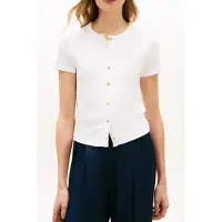 Tommy Hilfiger Kurzarmshirt "GOLD BUTTON SLIM SS TEE", Damen, Gr. L (42/44), ecru, Single Jersey, Obermaterial: 100% Baumwolle, unifarben, slim fit, Shirts Kurzarmshirt