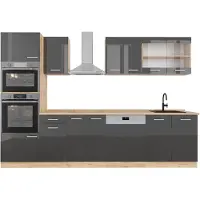 Vicco Küchenzeile R-Line Anthrazit Hochglanz/Goldkraft Eiche 300 cm mit Hochschrank, AP Eiche, Model 43007
