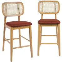 Sweeek - 2er-Set Barhocker aus Heveaholz mit Rattan-Geflecht und Stoffbezug - Natur