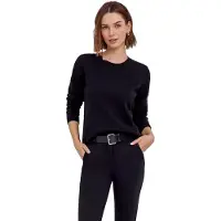 Falke Cotton Knit Damen Pullover, M, Schwarz, Uni,Streifen, Baumwolle