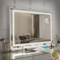 Vanitii Hollywood Schminkspiegel 80cm x 58cm mit LED Beleuchtung 3 Lichtmodus Kristallen Bluetooth Kosmetikspiegel für Badzimmer Schminktisch Weiß