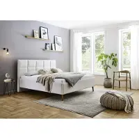 Meise Stauraumbett Paulo 180x200 cm | Bettkasten & Lattenrost | Webstoff Beige | Holzfuß eichefarbig