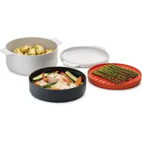 Joseph Joseph M-Cuisine de stapelbares Mikrowellenherd-Set de 4 Stück - | Stapelbares Design mit Topf de 2L, Dampfgarer, Grillplatte und Deckel | Farbe Stein und Orange