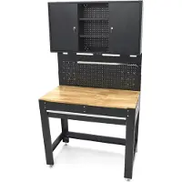 HBM Werkbank 115 cm mit großer Schublade, Schrankwand und Rückwand, schwarz
