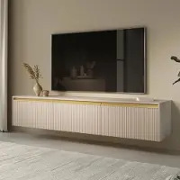 Ravio TV Lowboard Loren Kaschmir Beige 180 cm Rillenfronten – Hängend oder Stehend, Goldene Akzente