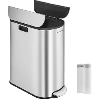 Songmics Mülleimer Küche, Mülltrennsystem 2 Fächer, 30 L und 20 L, schmaler Abfalleimer, Treteimer für Recyclingmaterialien und Abfall, mit 2-teiligem Deckel, metallicsilber LTB570E50