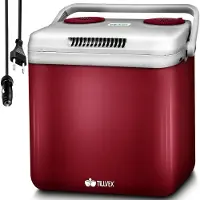 Tillvex Kühlbox elektrisch 32L Rot | Mini-Kühlschrank 230 V und 12 V für KFZ Auto Camping | kühlt & wärmt | ECO-Modus