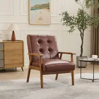 MODFU Bürostuhl mit Rückenlehne,Relaxsessel aus Kautschukholz,Loungesessel mit Armlehnen,64×80×83cm,Braun