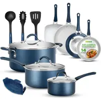 OEM Induktions-Pannenset, 14-teilig, Duurzame antiaanbak-Pannen und Potten, marineblau, mit Deckeln und Zubehör, für alle Kochfelder