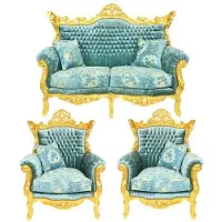 Casa Padrino Barock Wohnzimmer Set Master Türkis-Blau Muster Samtstoff / Gold - 2er Sofa + 2 Sessel