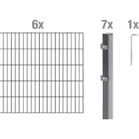 Alberts Doppelstabmatten Zaun, Höhe 200 cm, Länge 12 m, Zaun-Komplettset zum Einbetonieren, anthrazit, Pfosten 60x40 mm