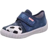 Superfit Hausschuh "BILL, WMS: mittel", Jungen, Gr. 32, Baumwolle, blau (jeansblau fußball), meliert, Schuhe Hausschuh, Klettschuh, mit Logoschriftzug, Größenschablone zum Download