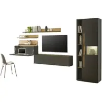 Furn.Design Wohnwand mit Sekretär in grau und Eiche, Wohnkombination Center 6-teilig 340 cm