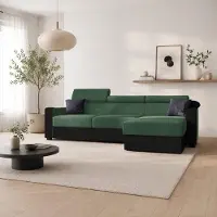 Sonstiges GOLDSTOFF DIWIA Ecksofa 202 x 130 cm mit Schlaffunktion & Bettkasten – Schlafsofa L-Form mit Kopfstützen Stauraum (Grun+schwarz)