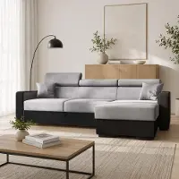 Sonstiges GOLDSTOFF DIWIA Ecksofa 202 x 130 cm mit Schlaffunktion & Bettkasten – Schlafsofa L-Form mit Kopfstützen Stauraum (hellgrau+schwarz)