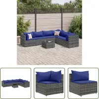 The Living Store 7-tlg. Garten-Lounge-Set mit Kissen Grau Poly Rattan