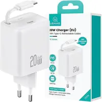 Usams Ład. Netzwerk. 1Xusb-C Mit Usb-C Einziehbares Kabel Pd+Qc 20W Gan Schnellladen Weiß/Weiß Yc Serie Cc233Tc02 (Us-Cc233)